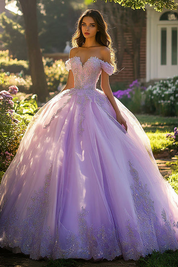 Ball Gown Off the Shoulder Appliqued Lilac Quinceanera Dress
